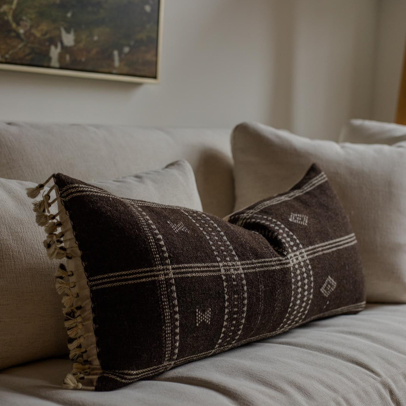 Umber Bhujodi Long Lumbar Pillow Cover 1 - PILLOWS - Bhujodi - neutral Rug & Weave Pillows