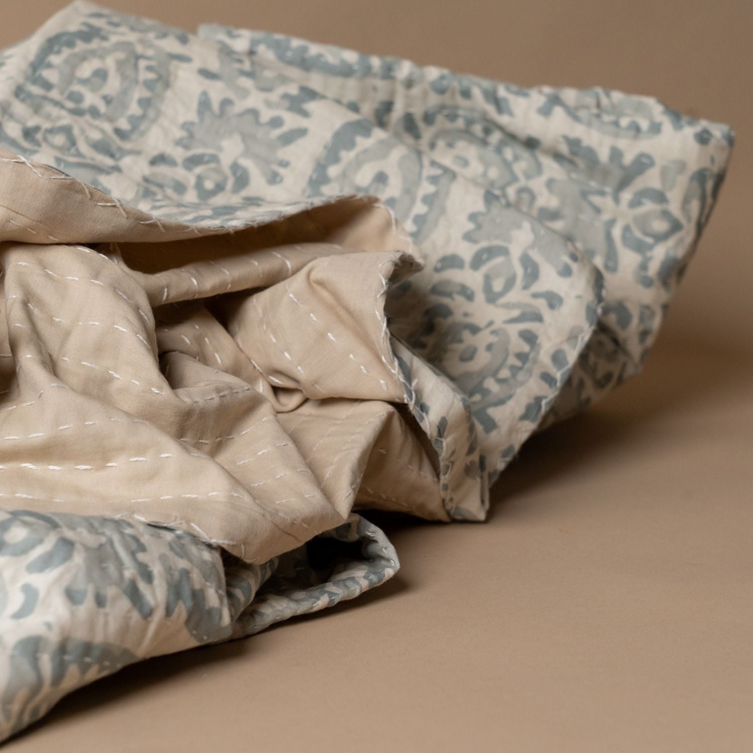 Hazy Blue Kantha Stitch Bed Blanket - Rug & Weave