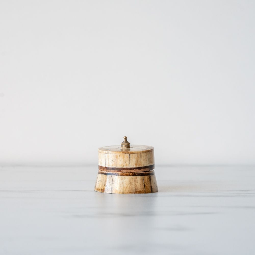 Antiqued Round Wood & Bone Trinket Box