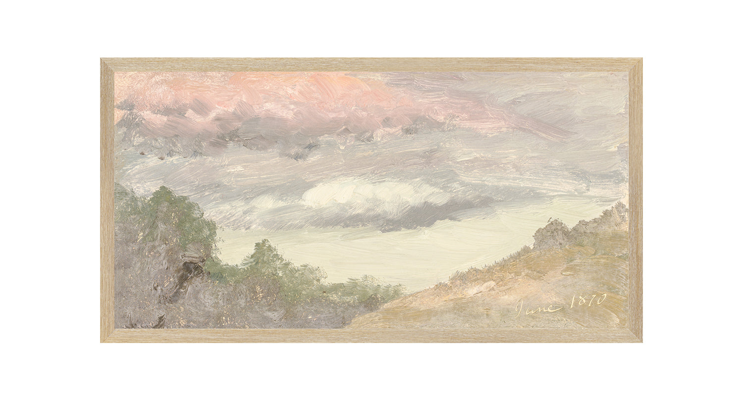 "Hudson River School - Clouds Over Church's Farm 1870" Framed Art Print ARTWORK - framed print Celadon Art Medium Canvas On Board Light Wood