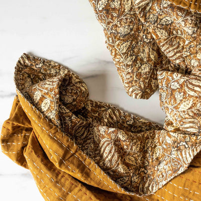 Brown Floral Kantha Bed Cover - Rug & Weave