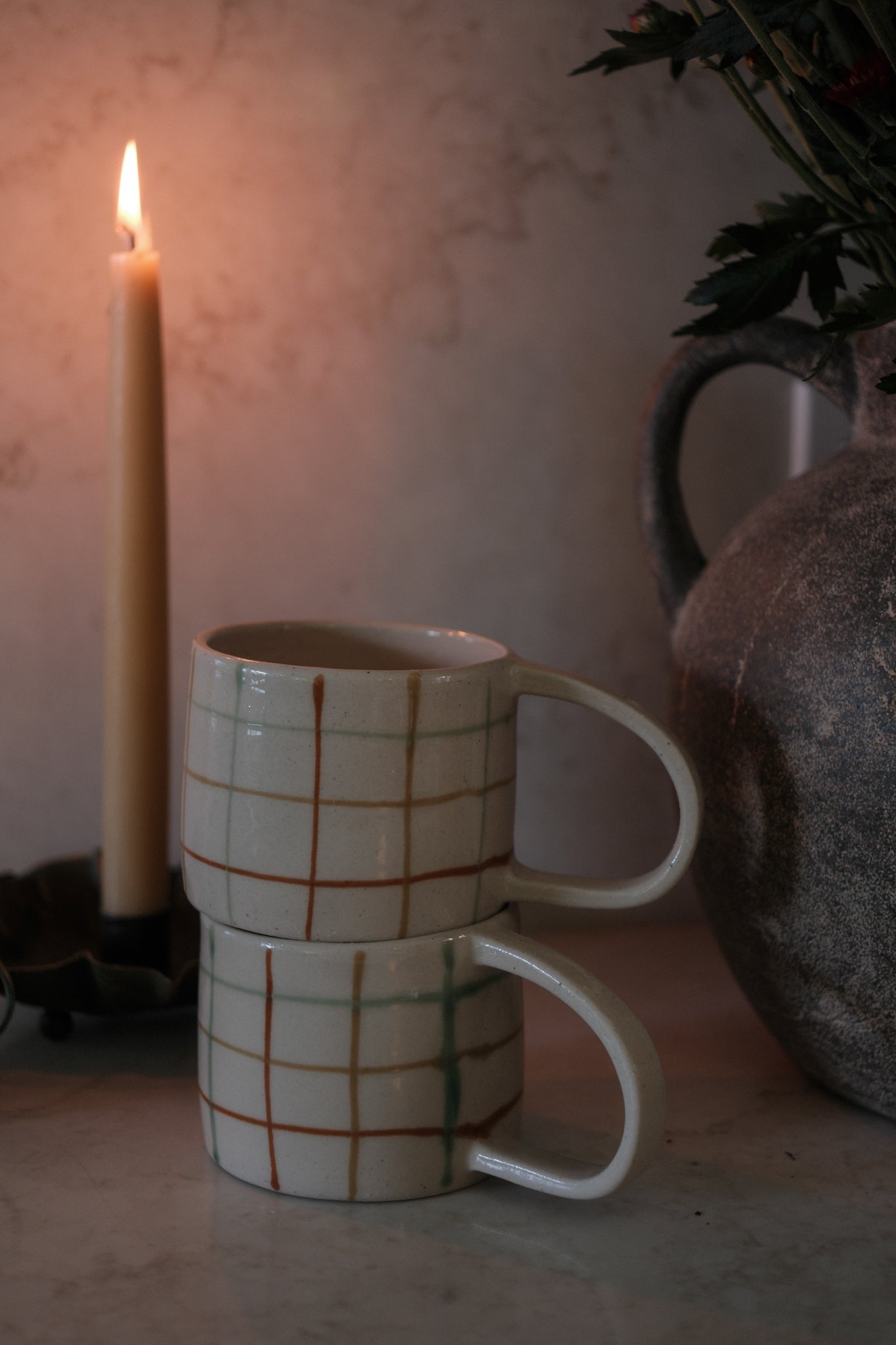 Green & Brown Grid Pattern Mug mug Creative Co-op (DYA)