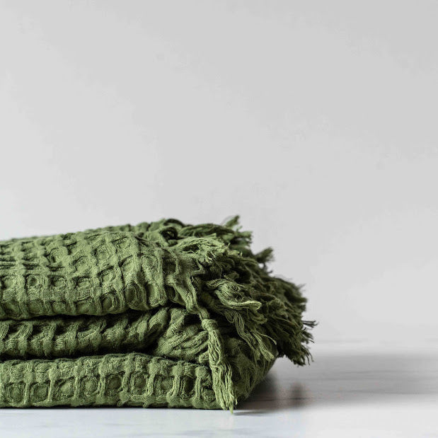 Green Tassel Waffle Blanket-Rug & Weave
