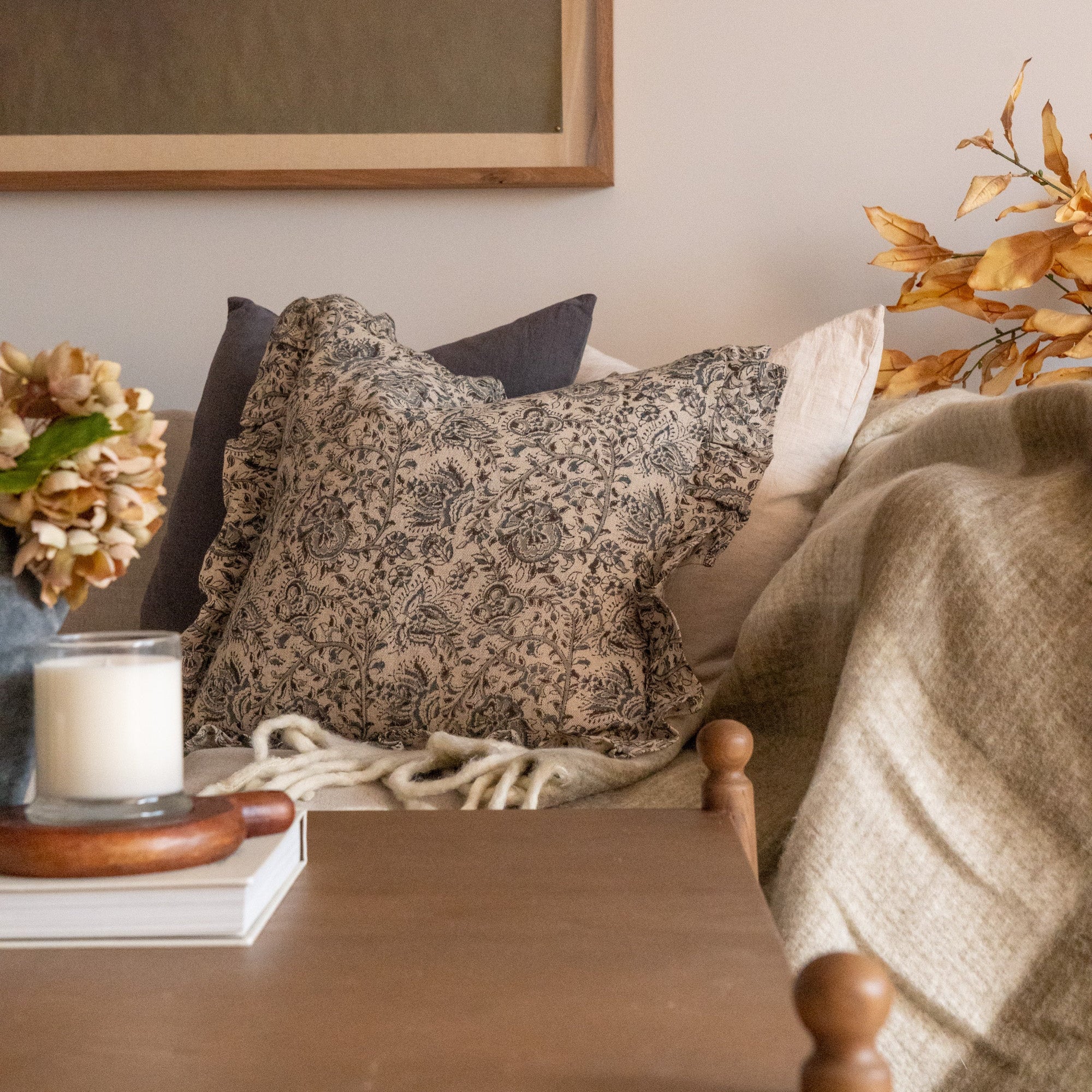 Aubrey Block Print Ruffle Pillow Cover 1 - PILLOWS - Block print - neutral ORNA HOUSE