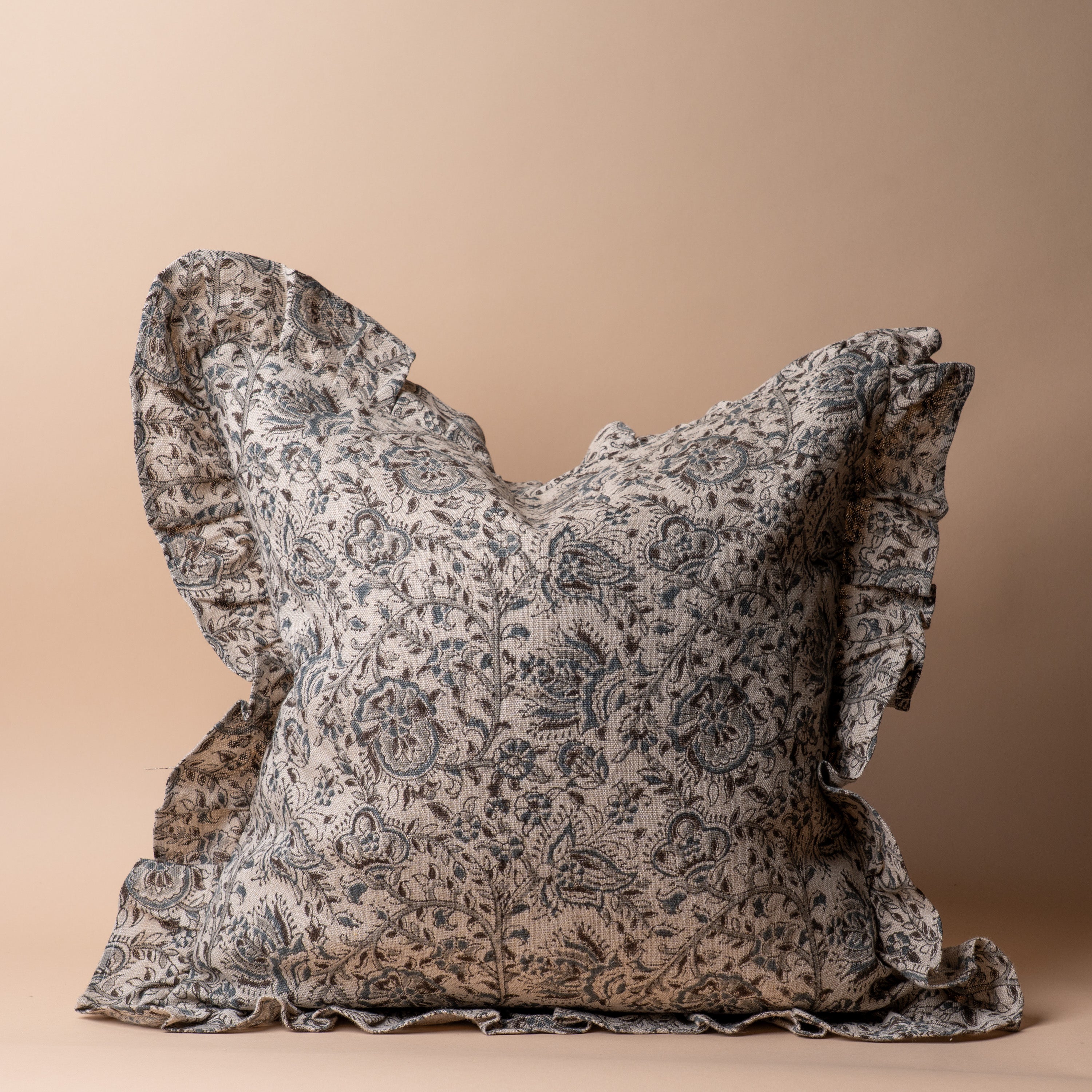 Aubrey Block Print Ruffle Pillow Cover 1 - PILLOWS - Block print - neutral ORNA HOUSE