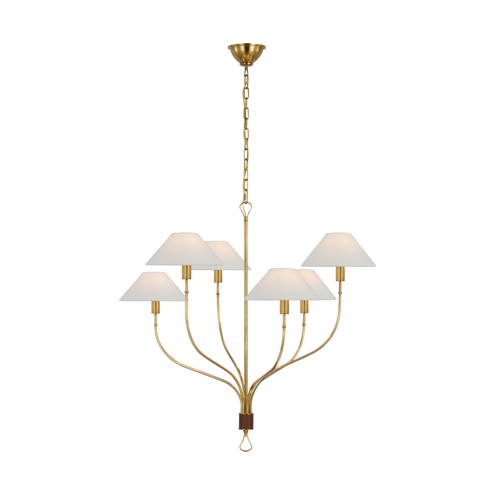 Griffin Large Staggered Tail Chandelier LIGHTING - chandelier Visual Comfort Hand-Rubbed Antique Brass and Saddle Leather