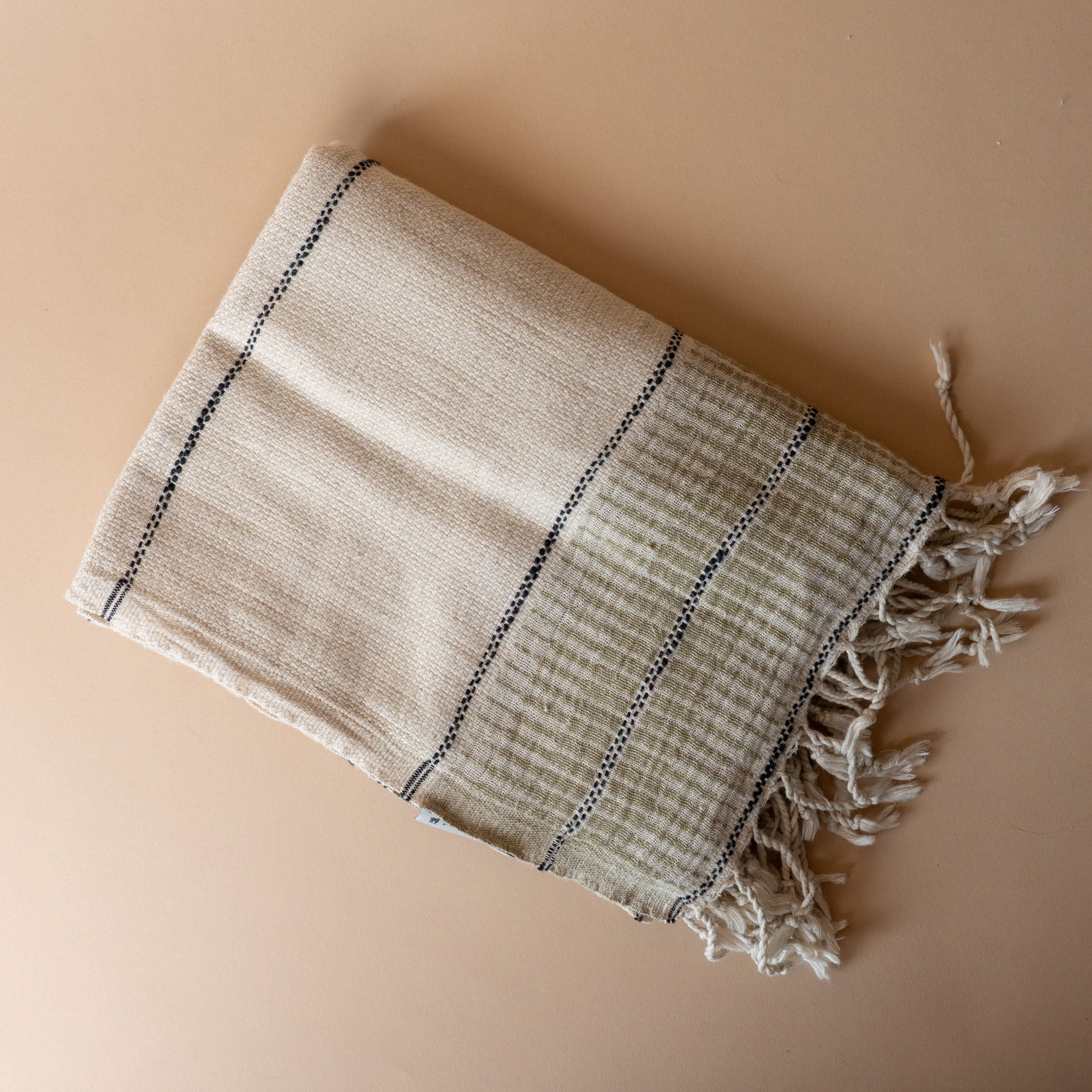 Multi Stripe Bath Towel with Twisted Tassels, Olive