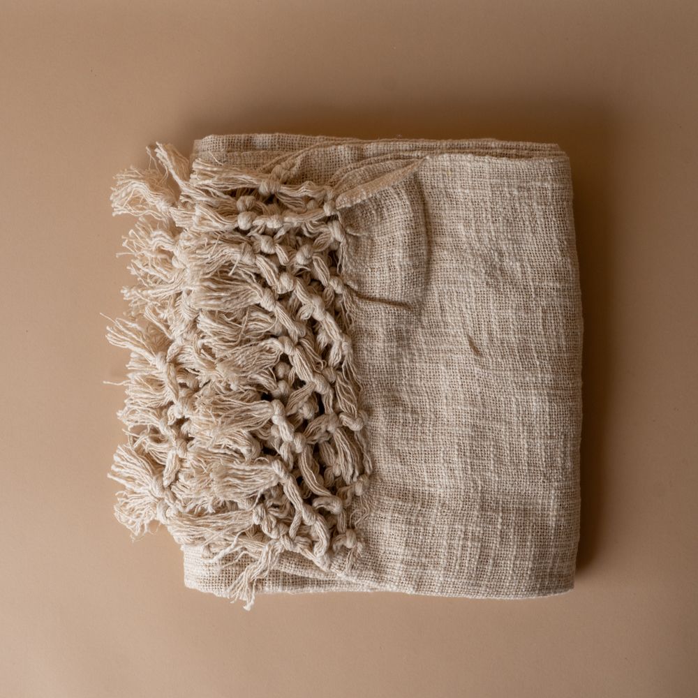 Ivory Braided Throw Blanket with Tassel - Rug & Weave