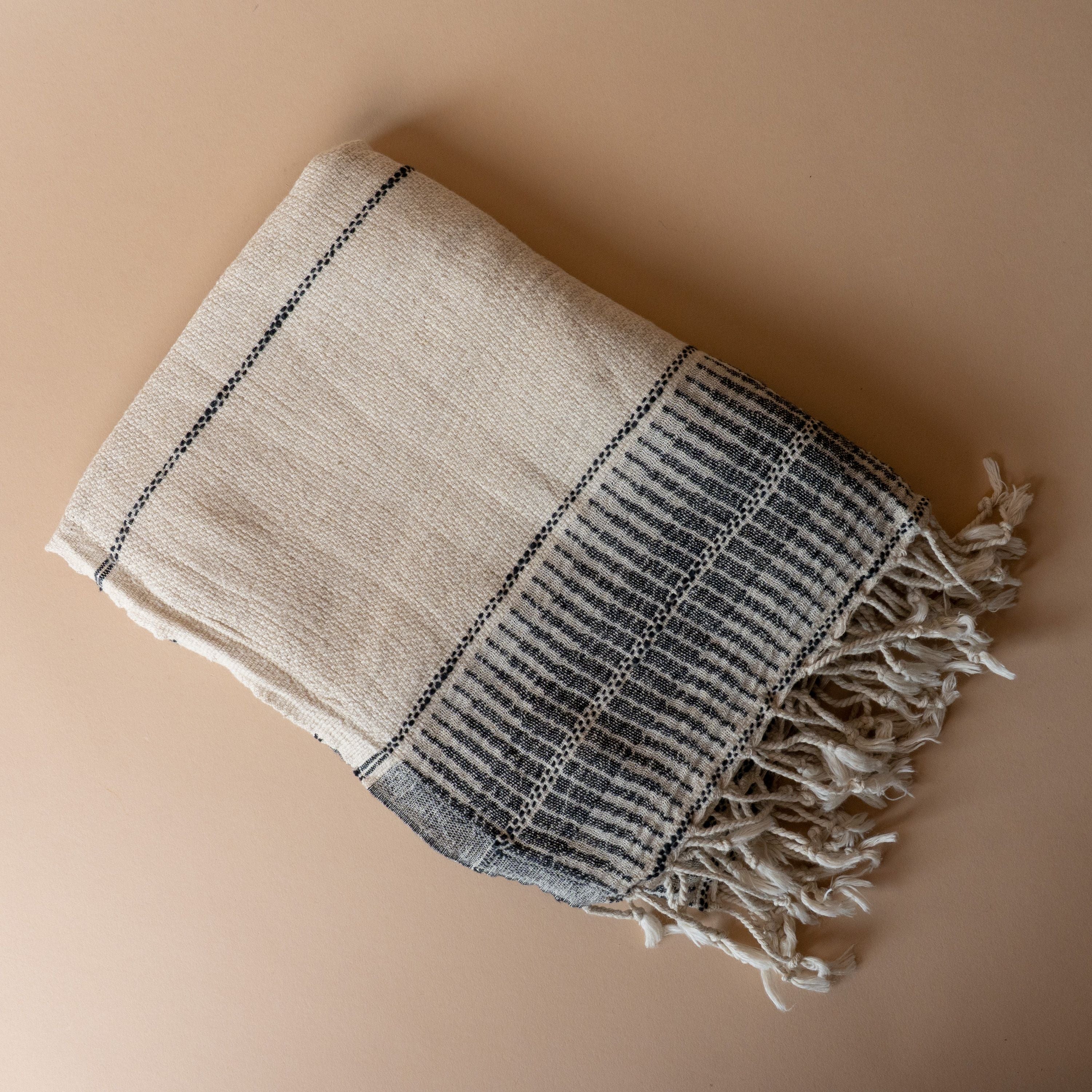 Multi Stripe Bath Towel with Twisted Tassels, Charcoal
