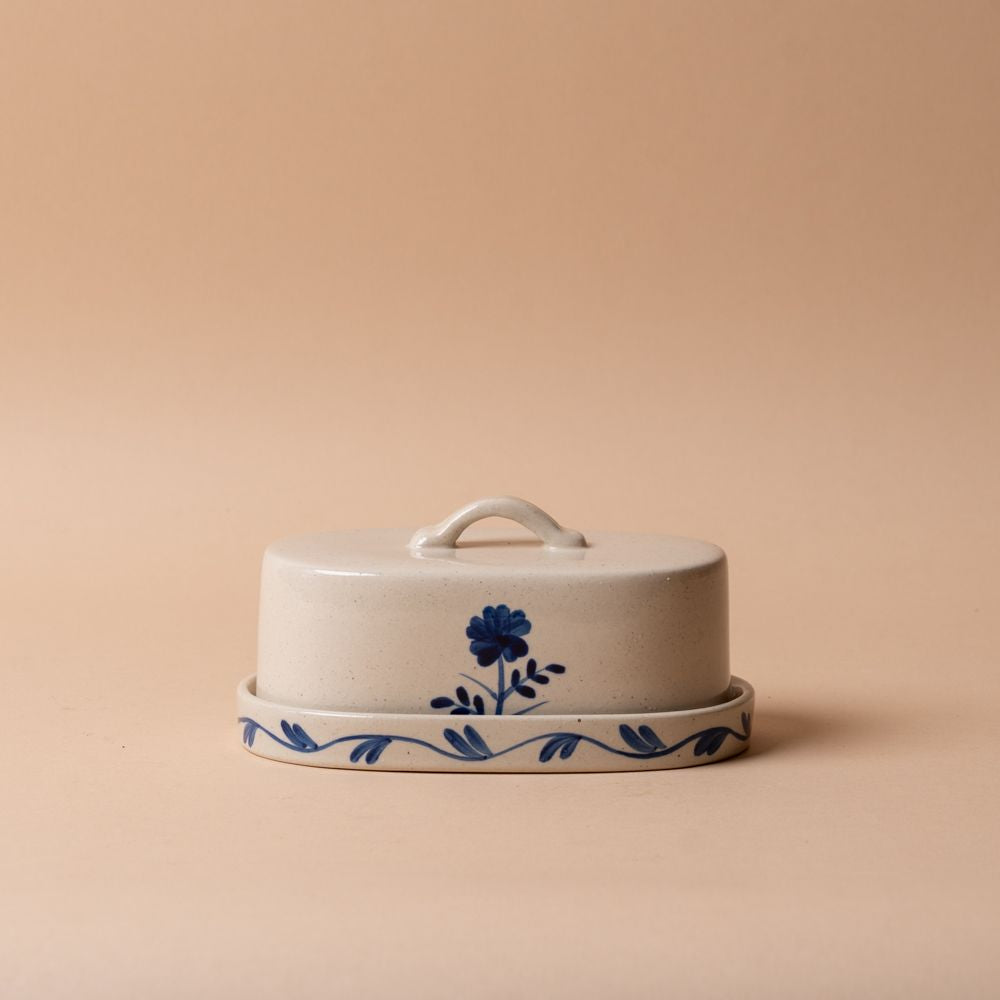 Blue Floral Stoneware Butter Dish butter dish Creative Co-op (DYA)