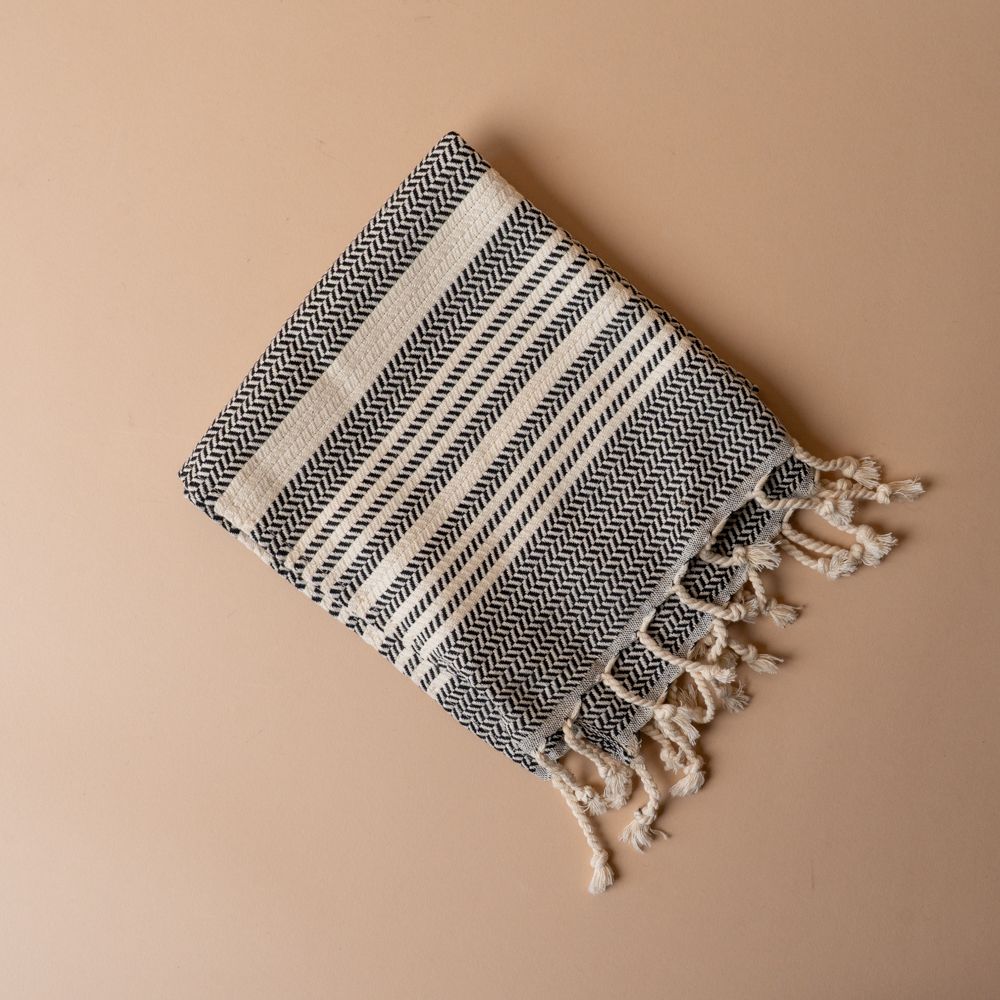 Striped Turkish Hand Towel with Tassel hand towel Pokoloko Charcoal