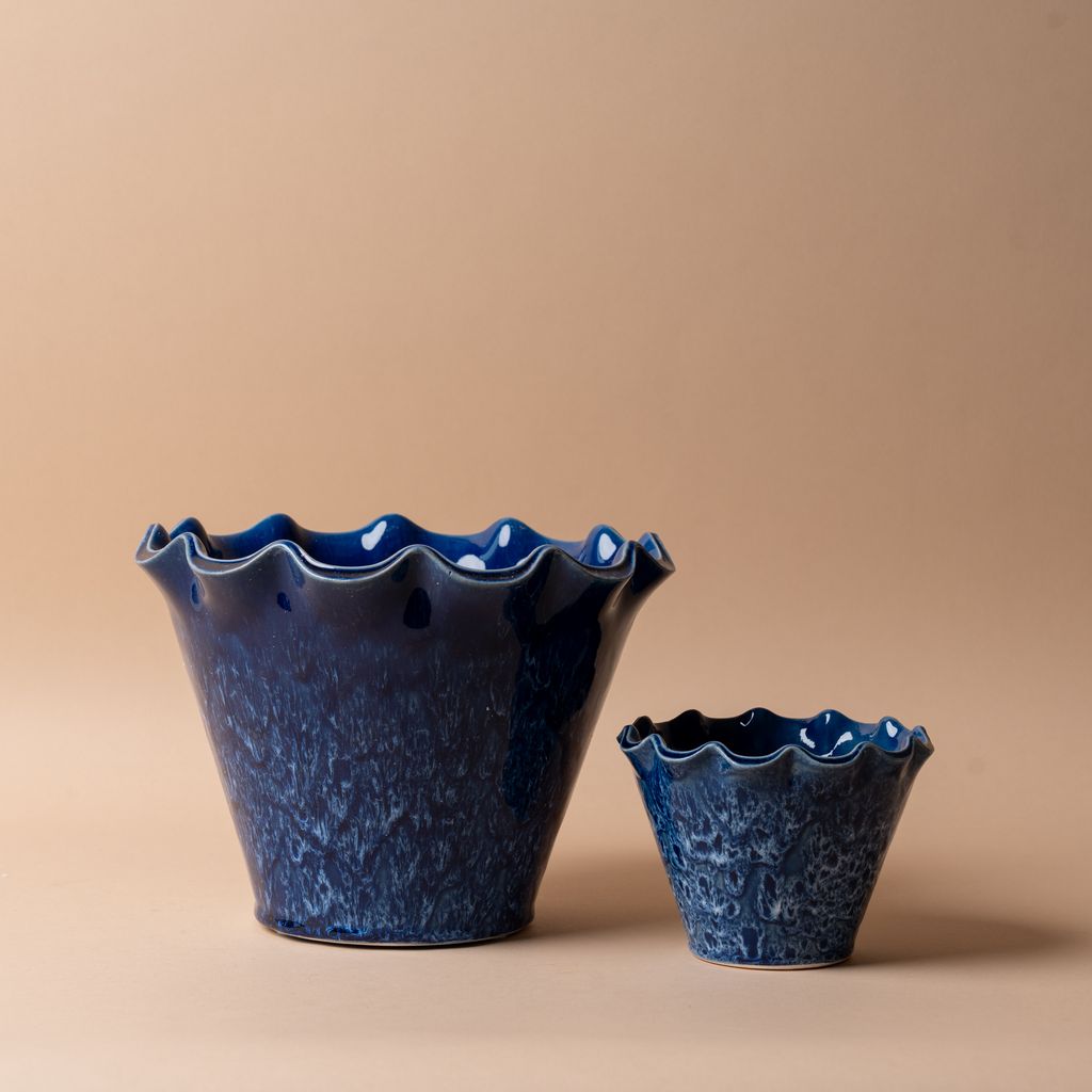 Navy Stoneware Planter with Ruffle Edge planter Creative Co-op (DYA)