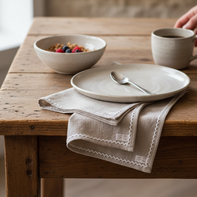 Oatmeal Linen Napkin Set with Lace Trim napkin set Rug & Weave