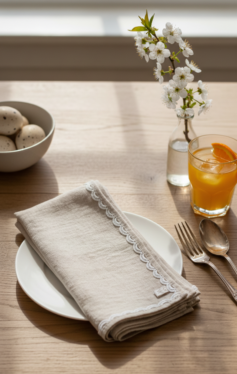 Oatmeal Linen Napkin Set with Lace Trim napkin set Rug & Weave