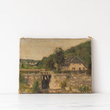 "Cottage Across The Bridge" Antique Oil Painting - Rug & Weave