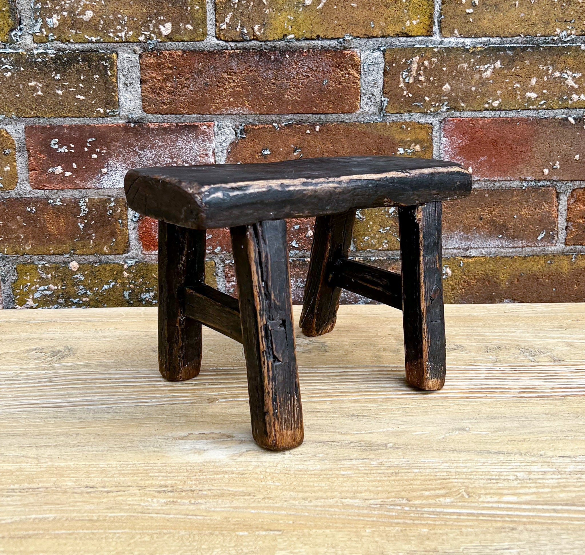 Tiny Elm Wood Stool - Black 1-VINTAGE - stool Hauer Market