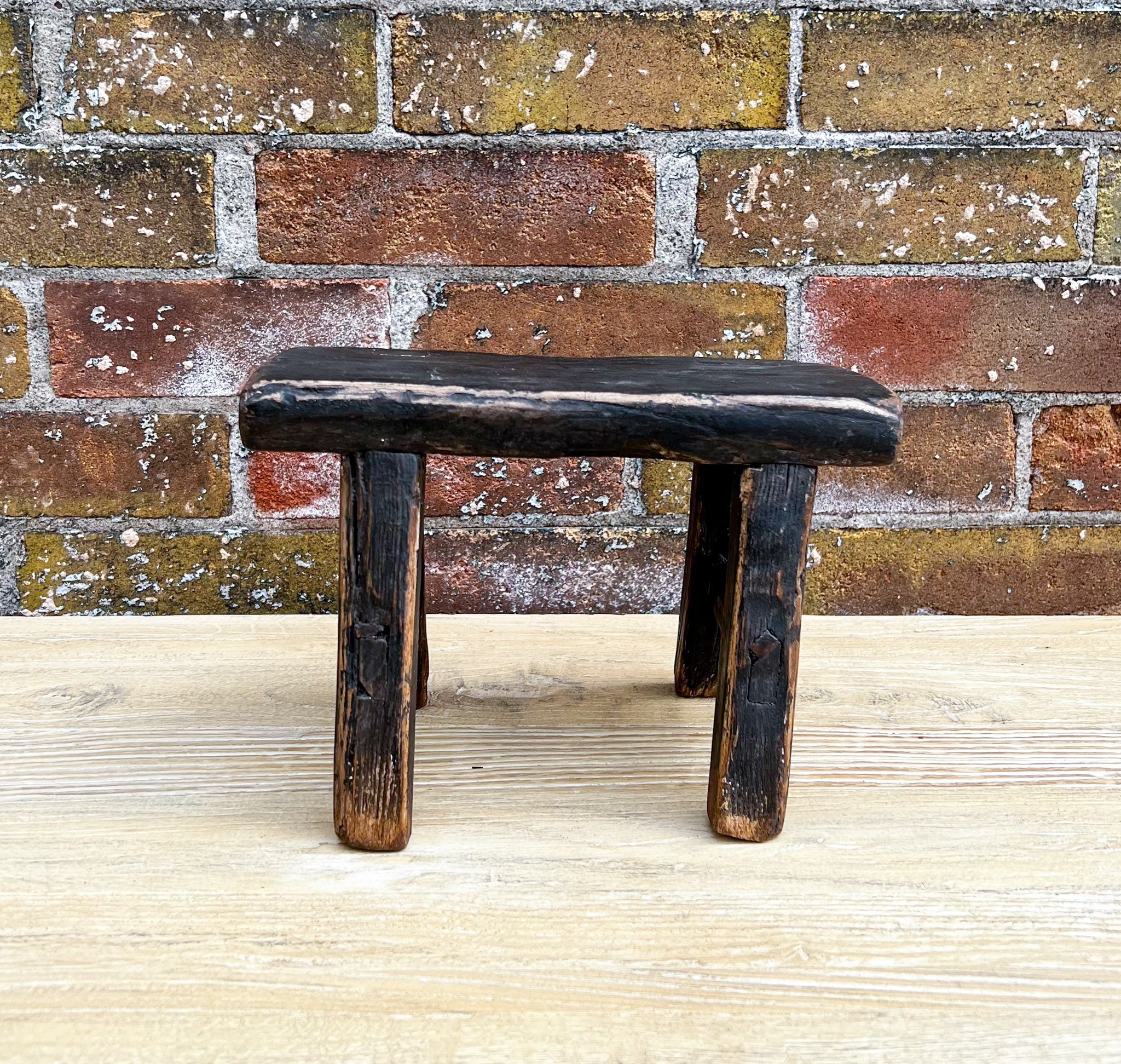 Tiny Elm Wood Stool - Black 1-VINTAGE - stool Hauer Market